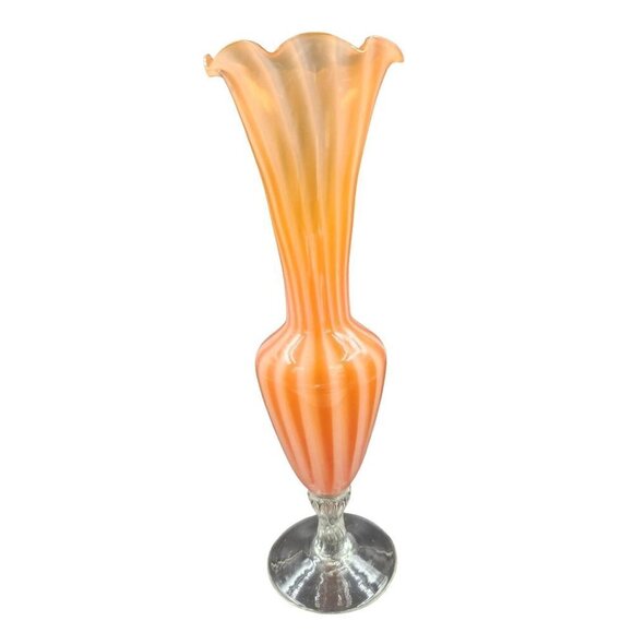 Vintage 8" Bud Vase Orange & White Swirl With Ruffled Edge Stemmed Styled base - Picture 8 of 8